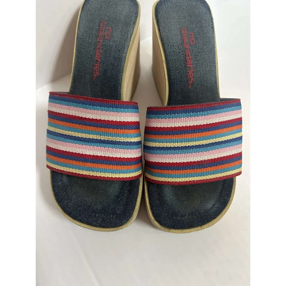 2000s NoBo Rainbow Striped Wedge Sandals Y2K Summer Beach Boho Festival